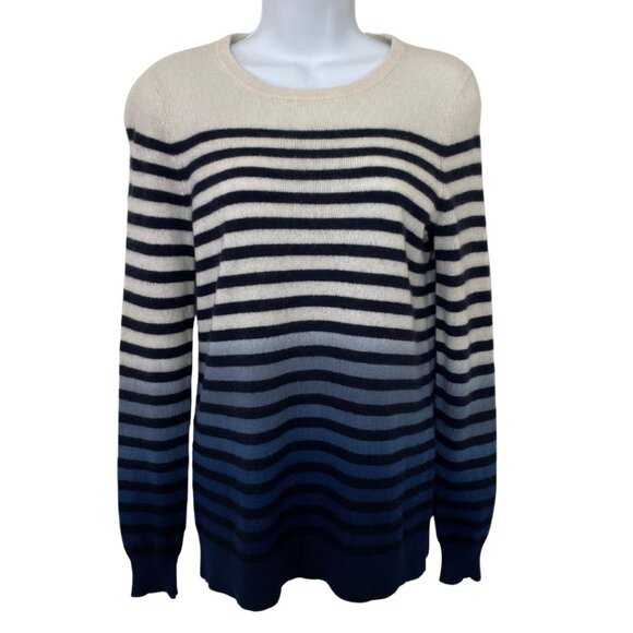 C by Bloomingdales Cashmere Crewneck Sweater Sz S Blue White Stripe Preppy - Picture 1 of 8
